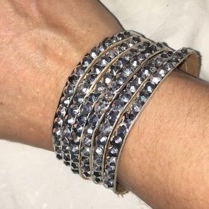 Silver leather and rhinestone cuff bracelet